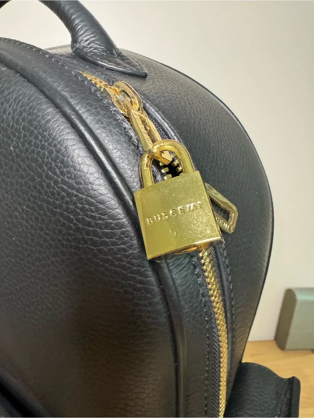 Buscemi PHD large Black Leather Gold Lock Backpack. Key and dust bag.